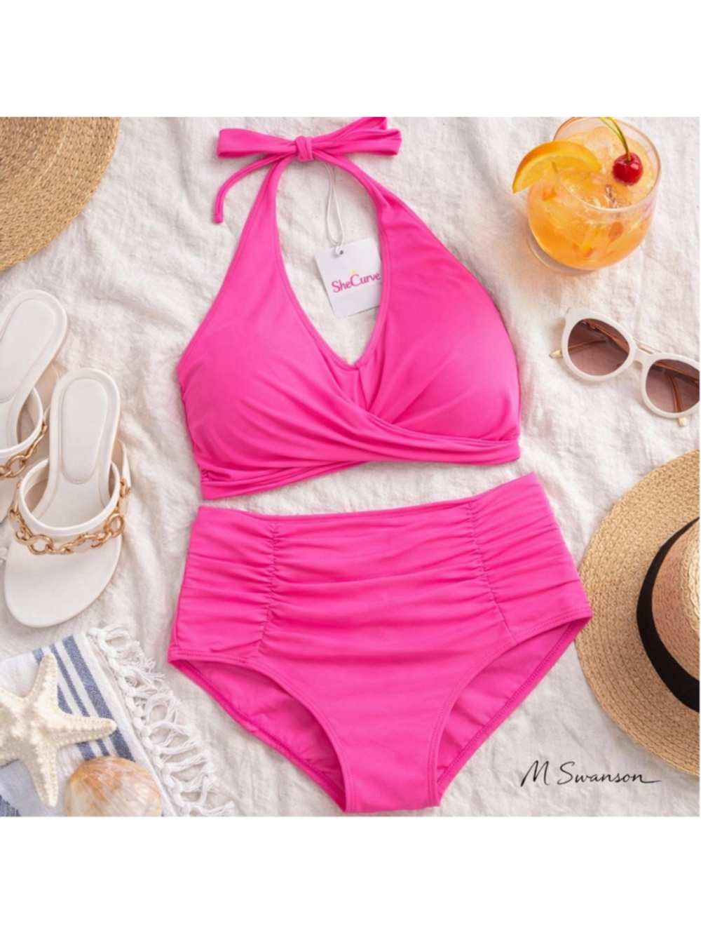 NEE SheCurve Swimwear Vibrant Pink High Waisted Halter Bikini Set XL NWT